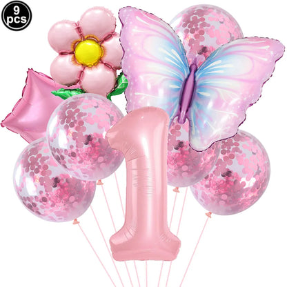 Set of pink balloons including a butterfly, flower, and number '1' on a white background