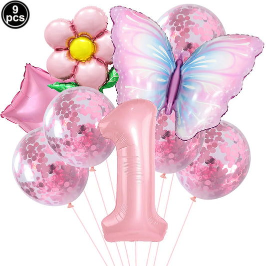 Set of pink balloons including a butterfly, flower, and number '1' on a white background