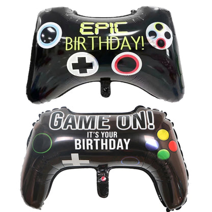 Two inflatable game controller balloons with birthday messages on a white background