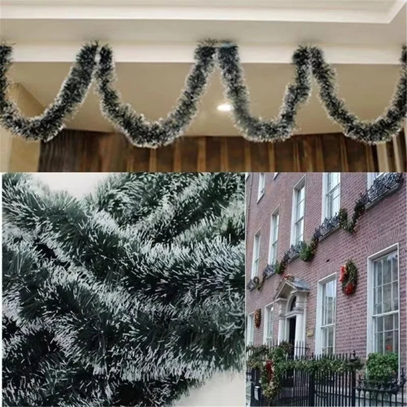 Decorative tinsel garland on a ceiling with close-up and outdoor views.