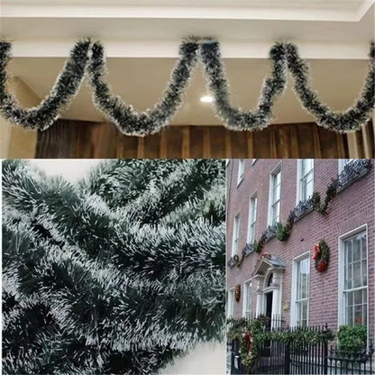 Decorative tinsel garland on a ceiling with close-up and outdoor views.