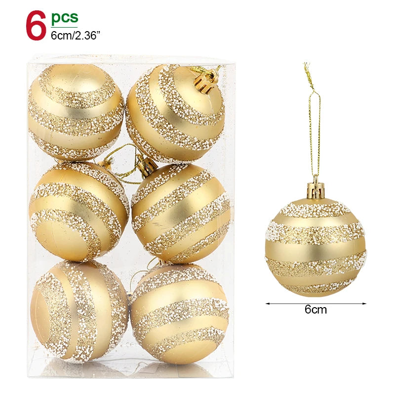 Set of six gold Christmas balls with glittery stripes in packaging, showing size 6cm/2.36".