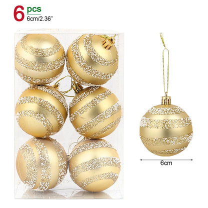 Set of six gold Christmas balls with glittery stripes in packaging, showing size 6cm/2.36".