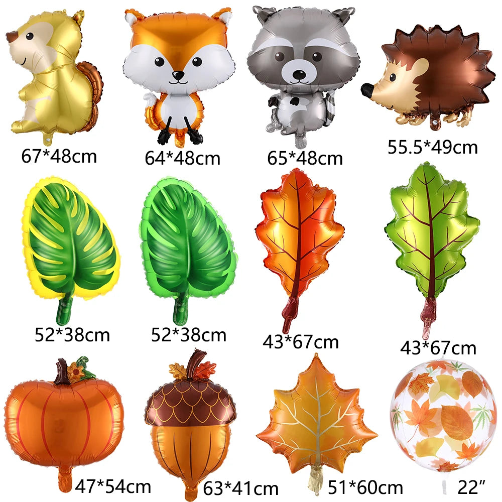 Collection of animal and leaf-shaped balloons with dimensions displayed.