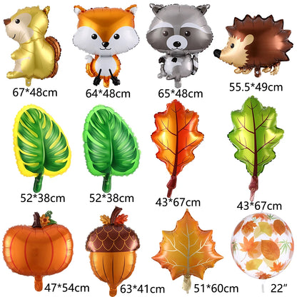 Collection of animal and leaf-shaped balloons with dimensions displayed.