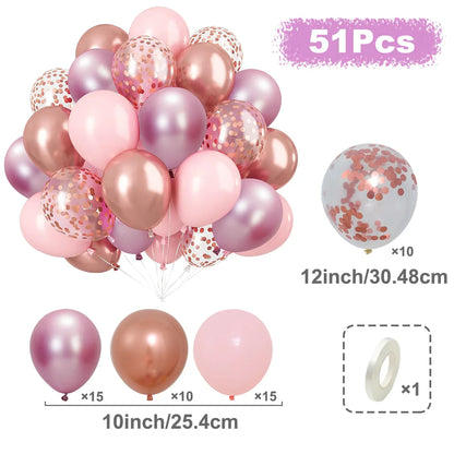 Set of pink and rose gold balloons with confetti, including sizes and quantities on a white background.