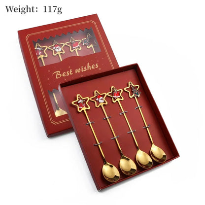 Set of gold star-shaped spoons in a red box with 'Best wishes' text.
