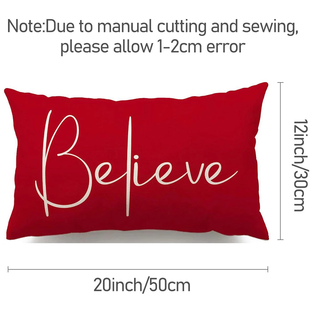 Red pillow with 'Believe' text and measurements on a white background