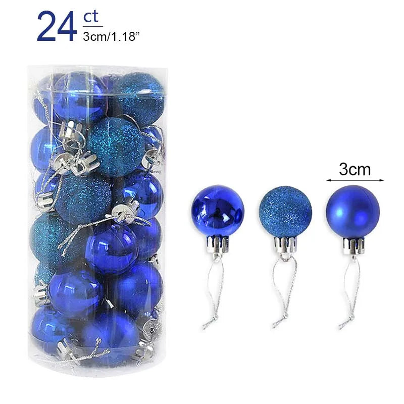 Packaged blue Christmas ornaments with a clear tube, showing measurement details.