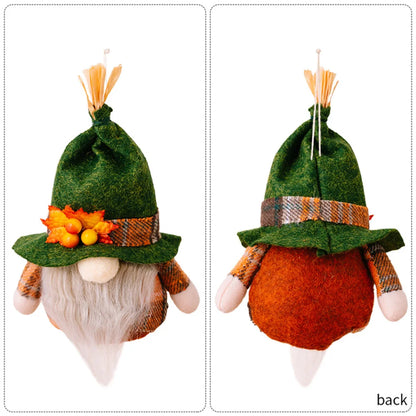 Two views of a decorative gnome with a green hat and plaid accents on a white background.