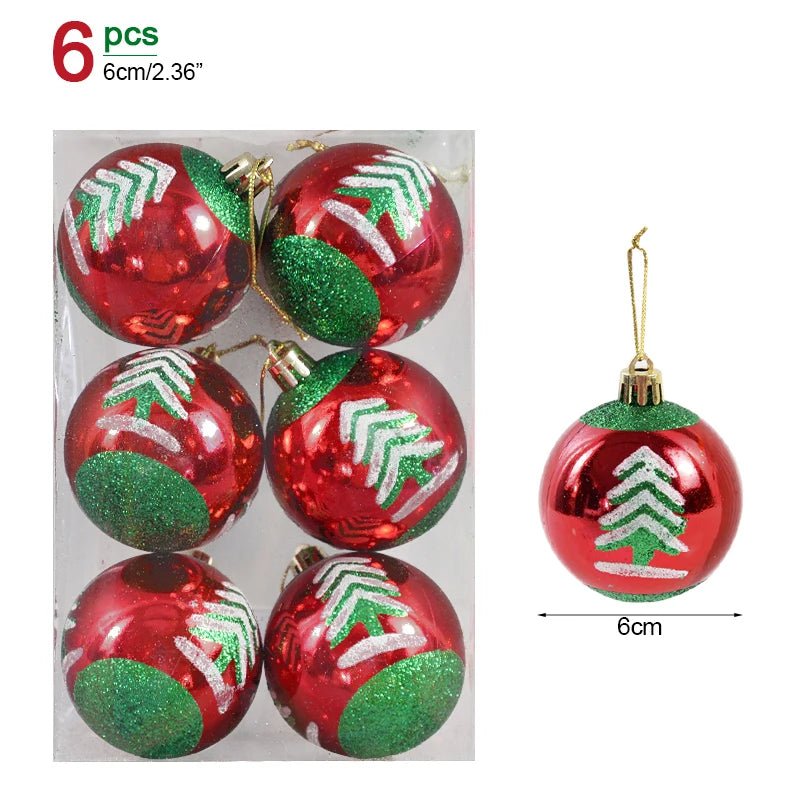 Set of six red Christmas tree ornaments with green and white designs in a clear package.