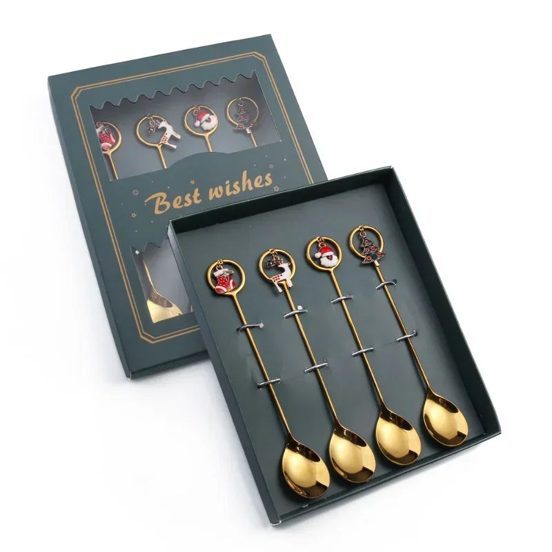 Set of gold spoons in a decorative box with 'Best wishes' text