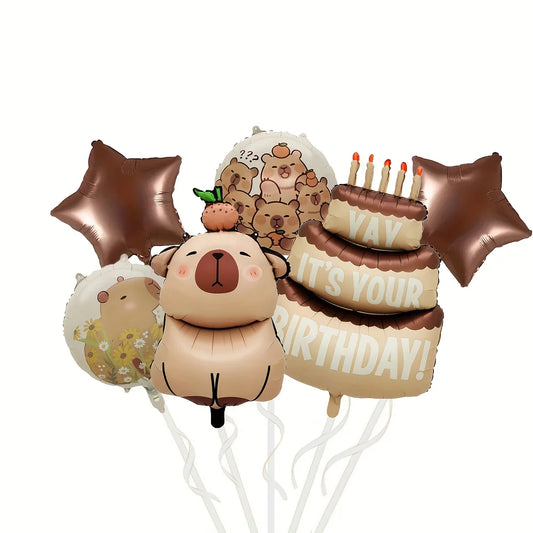 Set of birthday-themed balloons including a capybara, cake, and star shapes on a white background.