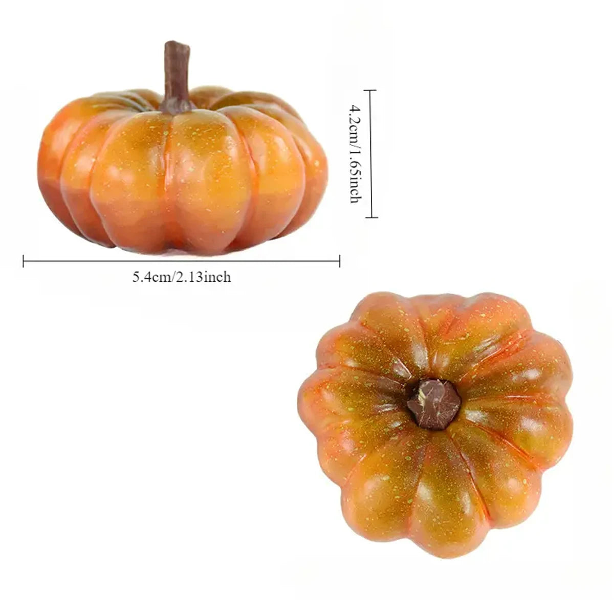 Two small pumpkins with measurements on a white background