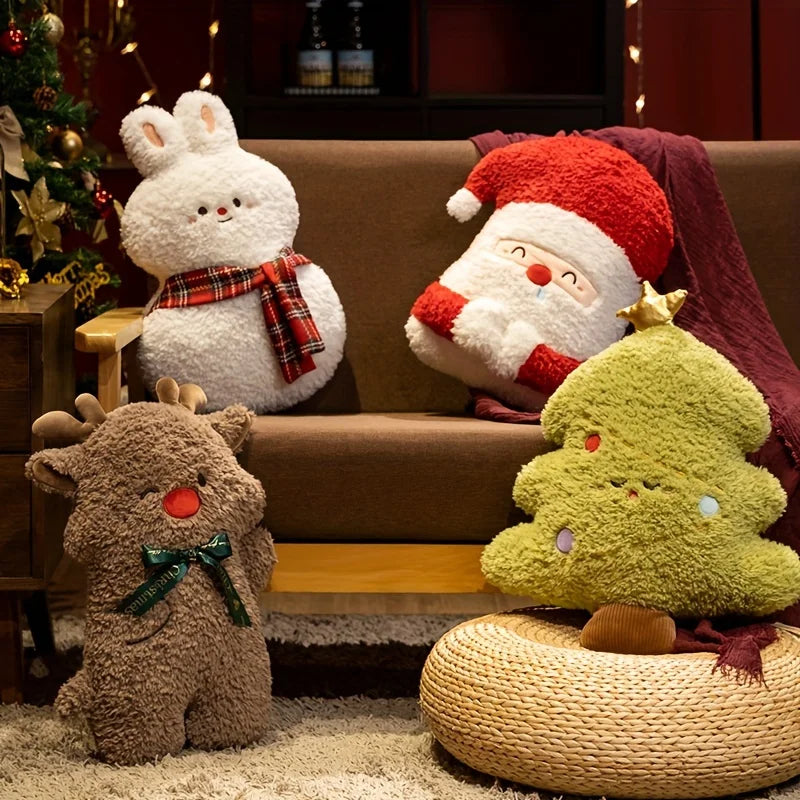 Four plush toys resembling a rabbit, Santa Claus, a reindeer, and a Christmas tree on a couch.