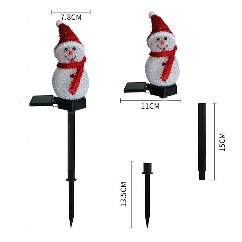 Snowman decorations with measurement details on a white background