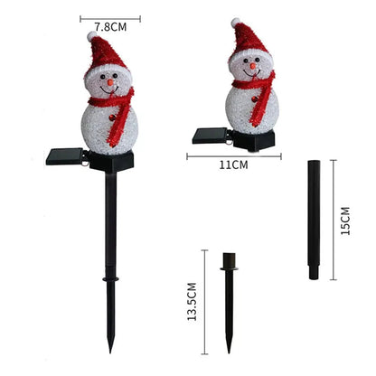 Snowman decorations with measurement details on a white background