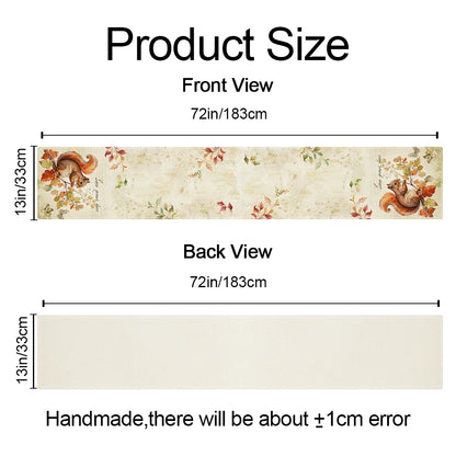 Measurement chart for a decorative strip with squirrels and leaves, showing front and back views.