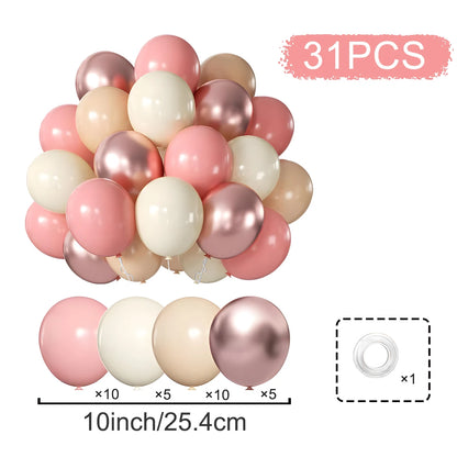 Set of 31 pink, white, and beige balloons with size and quantity information on a white background.