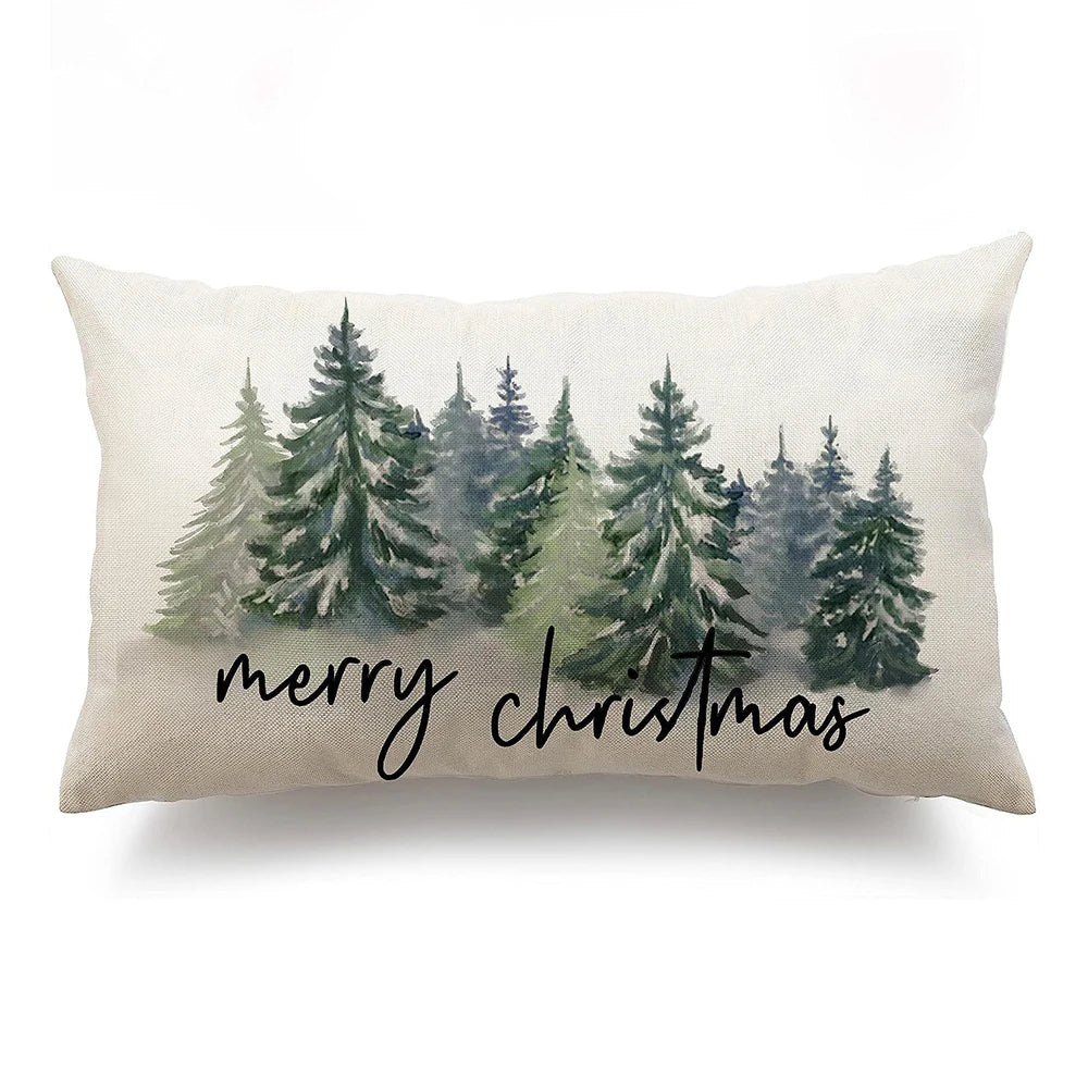 Decorative pillow with Christmas tree design and 'merry christmas' text on a white background