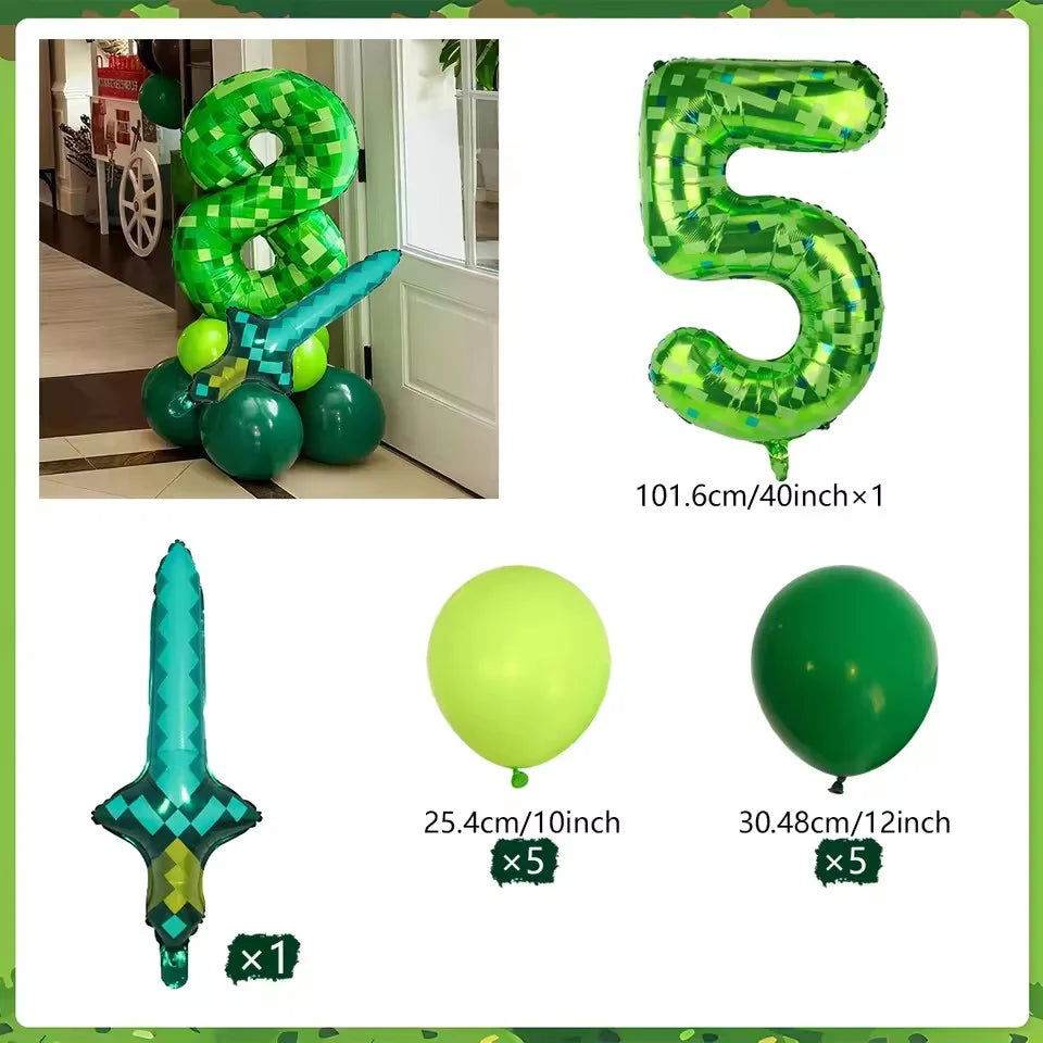 Minecraft creeper balloon in an 8 and 5 and diamond sword balloon and green balloons with white background.