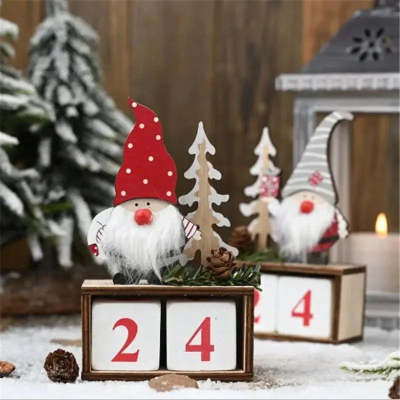 Decorative gnomes with a calendar displaying '24' in a festive setting.