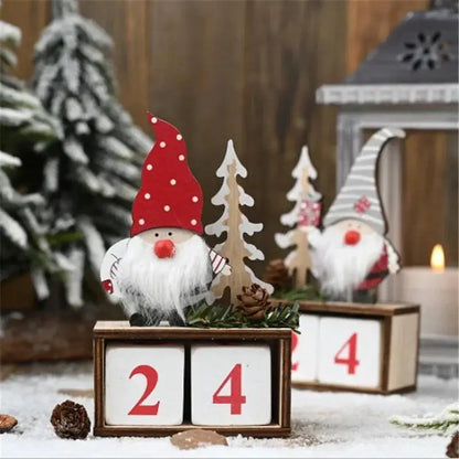 Decorative gnomes with a calendar displaying '24' in a festive setting.