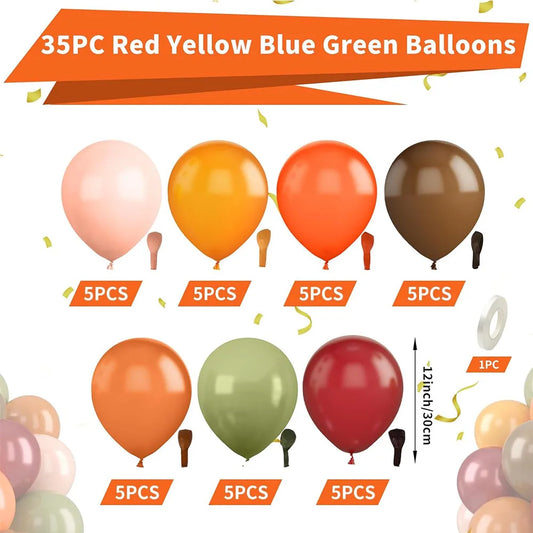 Set of 35 red, yellow, blue, and green balloons with quantity labels on a white background.