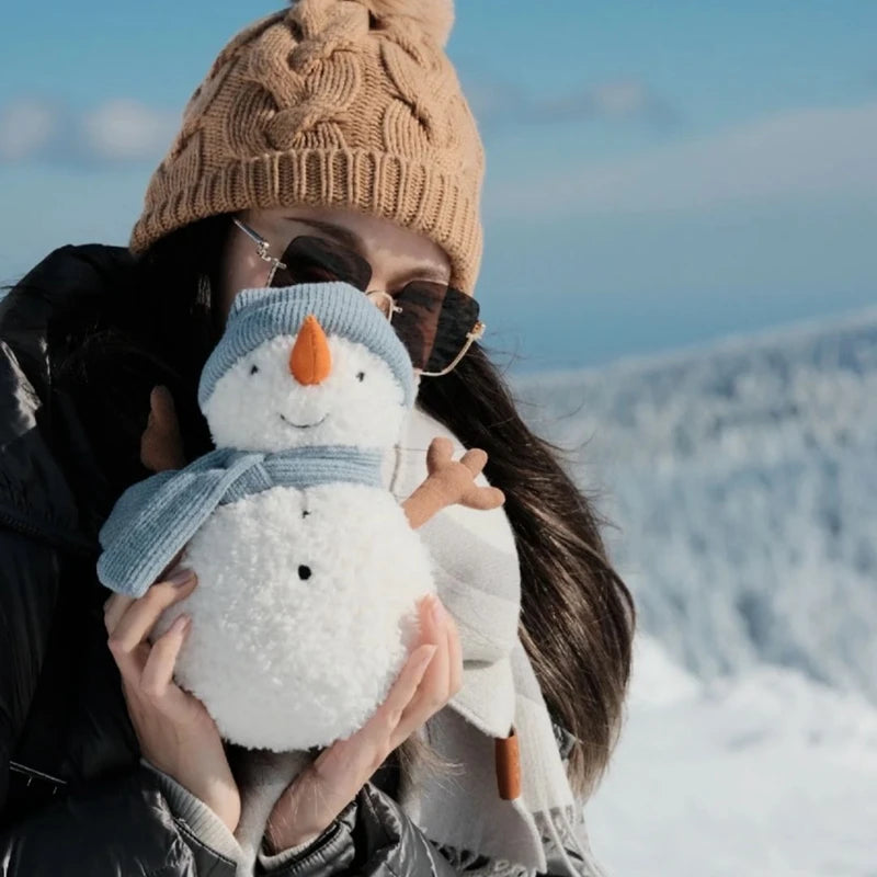 Person holding a snowman plush toy with a snowy landscape in the background