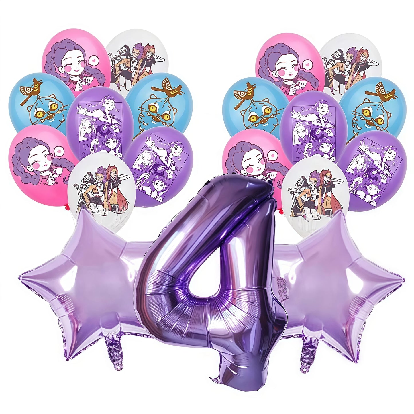 Balloon set with kpop demon hunters character-themed balloons and a large number '4' balloon on a white background