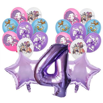 Balloon set with kpop demon hunters character-themed balloons and a large number '4' balloon on a white background