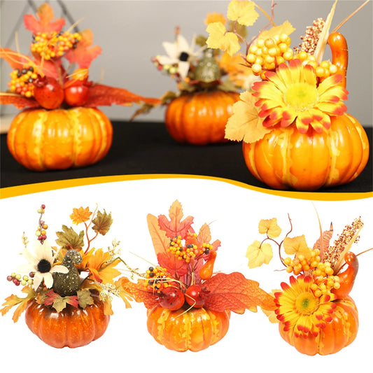 Decorative pumpkins with floral arrangements on a neutral background