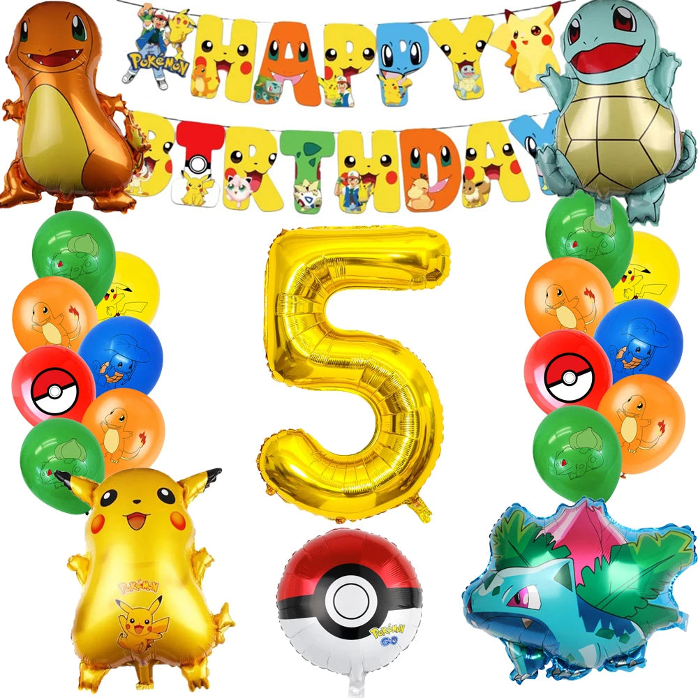 Collection of colorful Pokémon balloons and a gold number 5 balloon with cartoon characters and 'Happy Birthday' banner.