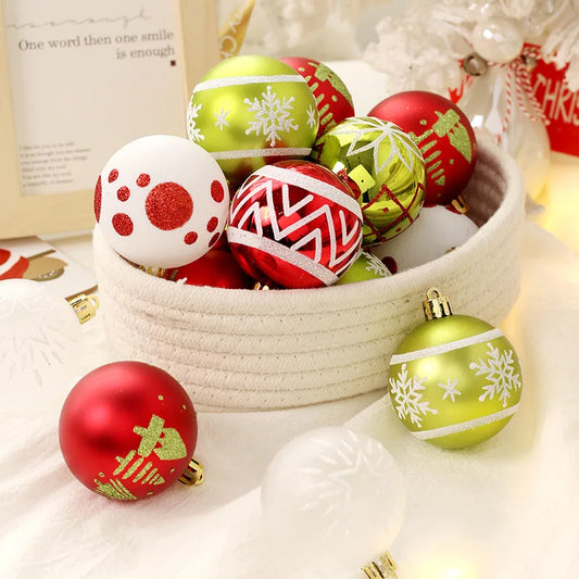Decorative Christmas balls in red, green, and white on a light background
