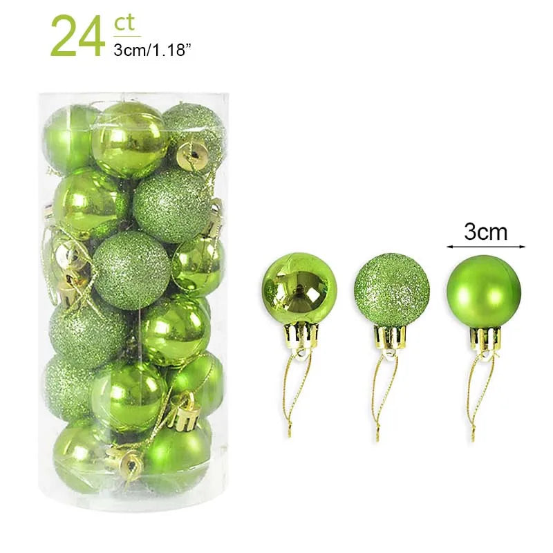 Pack of green Christmas ball ornaments with packaging and measurement details.