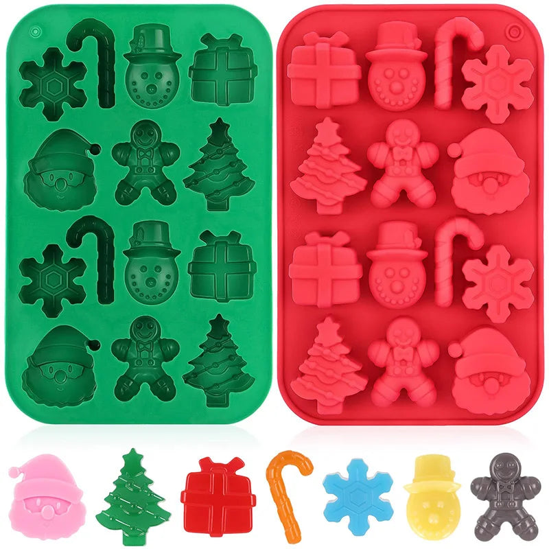 Two silicone molds, one green and one red, with Christmas-themed shapes on a white background.