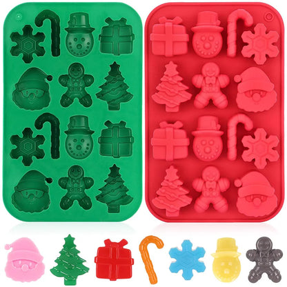 Two silicone molds, one green and one red, with Christmas-themed shapes on a white background.