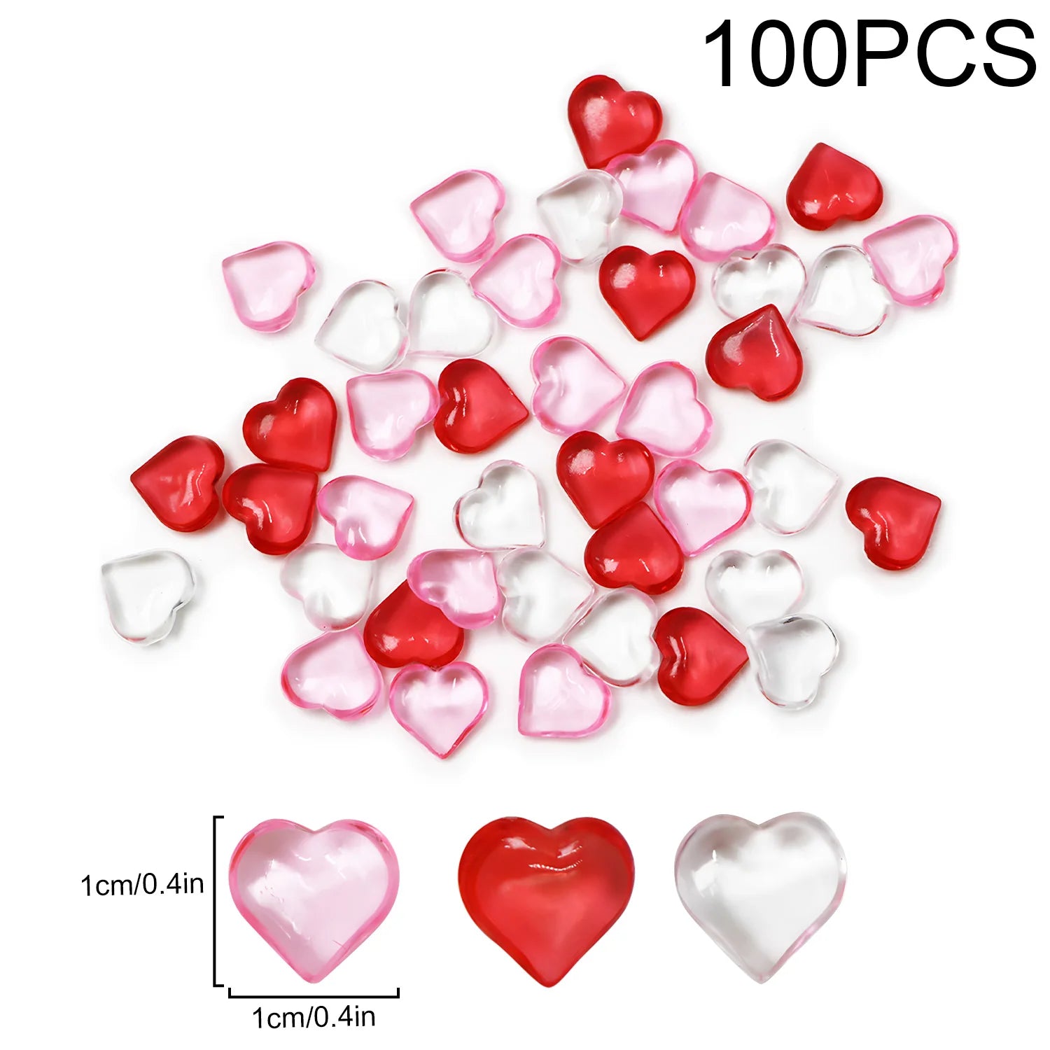 100pcs red, pink, and clear heart-shaped beads on a white background