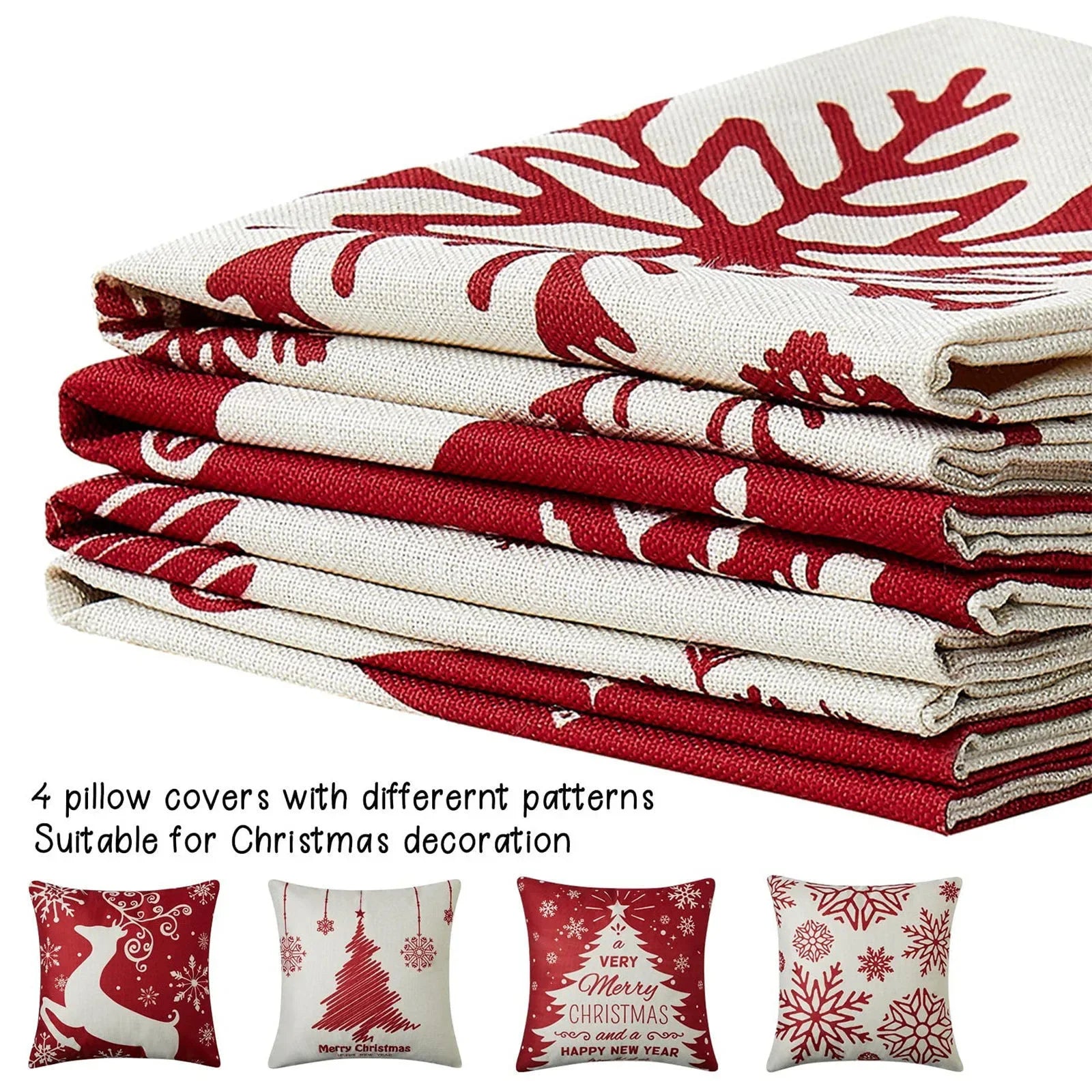 Stack of red and white patterned pillow covers with Christmas designs on a white background.