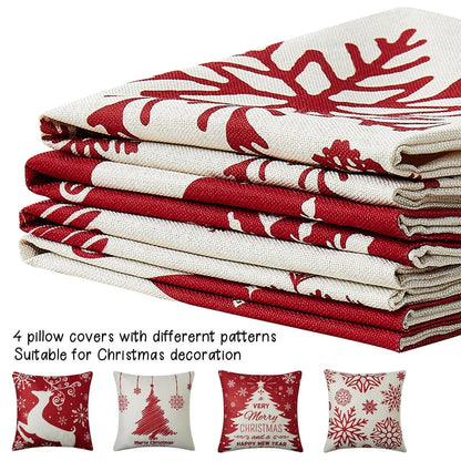 Stack of red and white patterned pillow covers with Christmas designs on a white background.