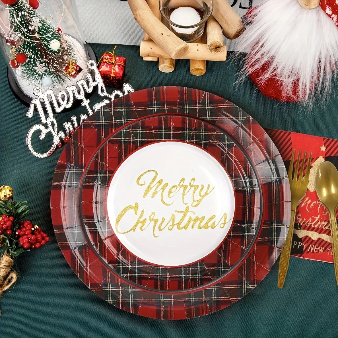 Plaid Christmas plate with 'Merry Christmas' text on a festive table setting.