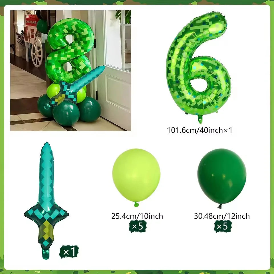 Minecraft creeper balloon in an 8 and 6 and diamond sword balloon and green balloons with white background.