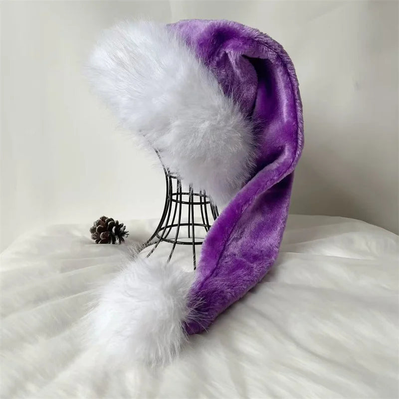 Purple and white fur hat on a white surface with a neutral background