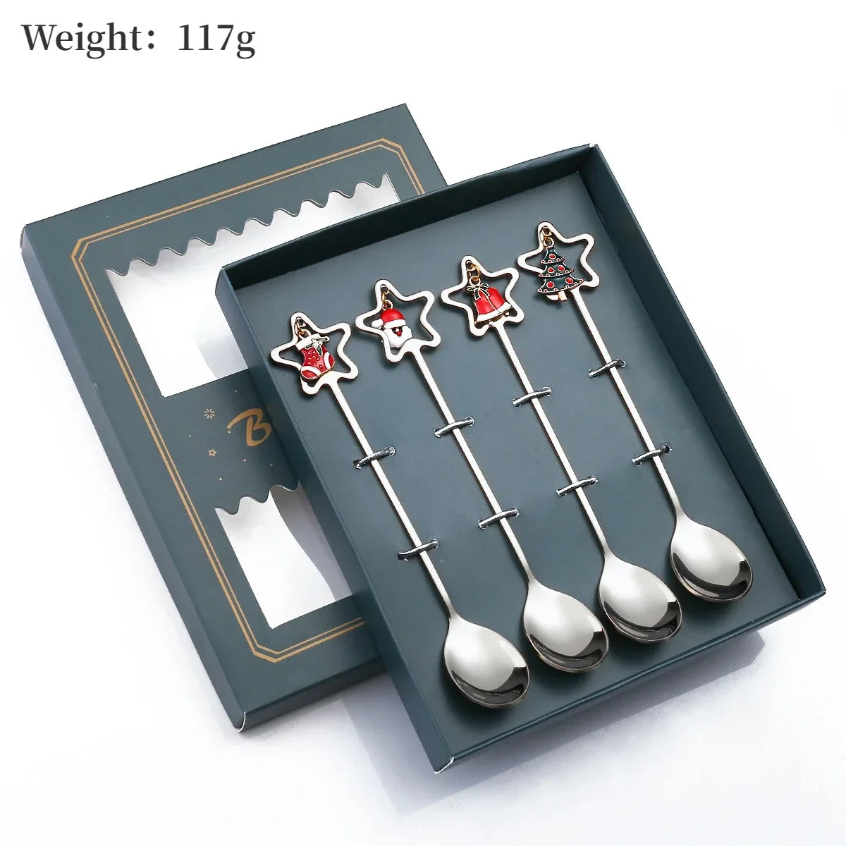 Set of four star-shaped spoons in a decorative box with weight information.