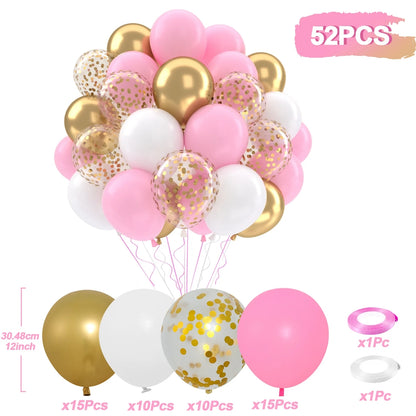 Set of 52 pink, gold, and white balloons with confetti on a white background