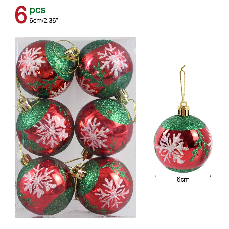 Set of six red and green Christmas ornaments with snowflake designs in a clear packaging.