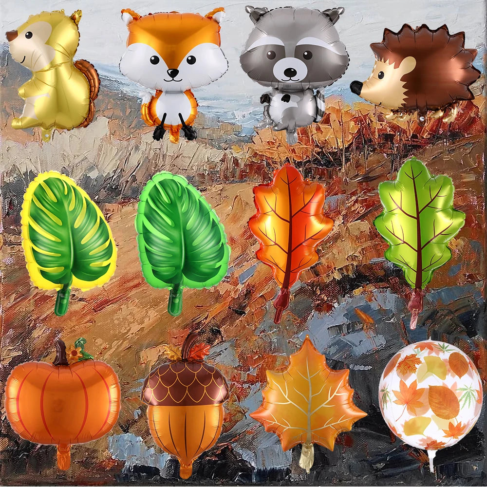 Collection of autumn-themed balloons including animals, leaves, and pumpkins on a textured background.