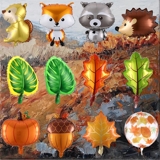 Collection of autumn-themed balloons including animals, leaves, and pumpkins on a textured background.
