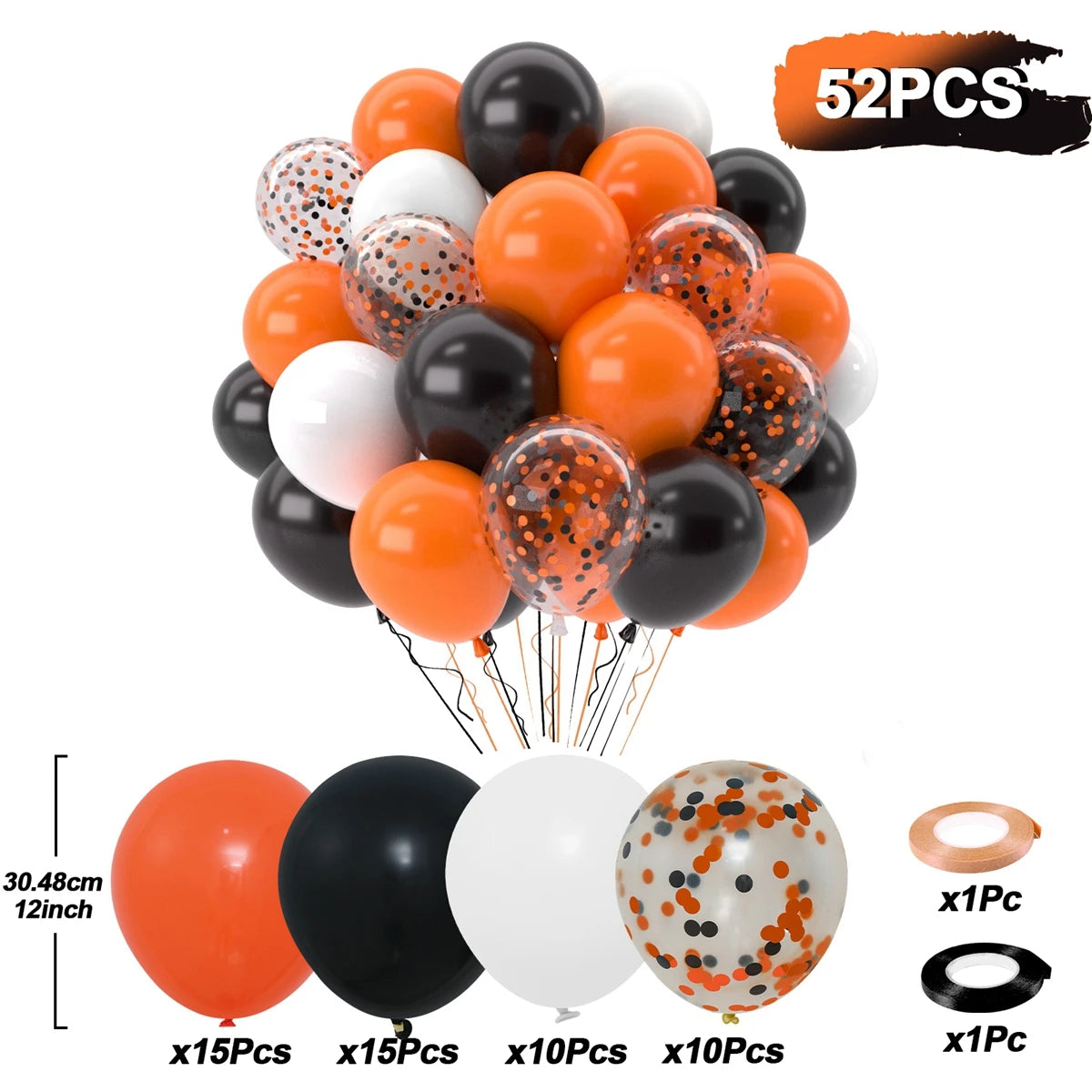 Halloween-themed balloon set with orange, black, and white balloons, including confetti, on a white background.