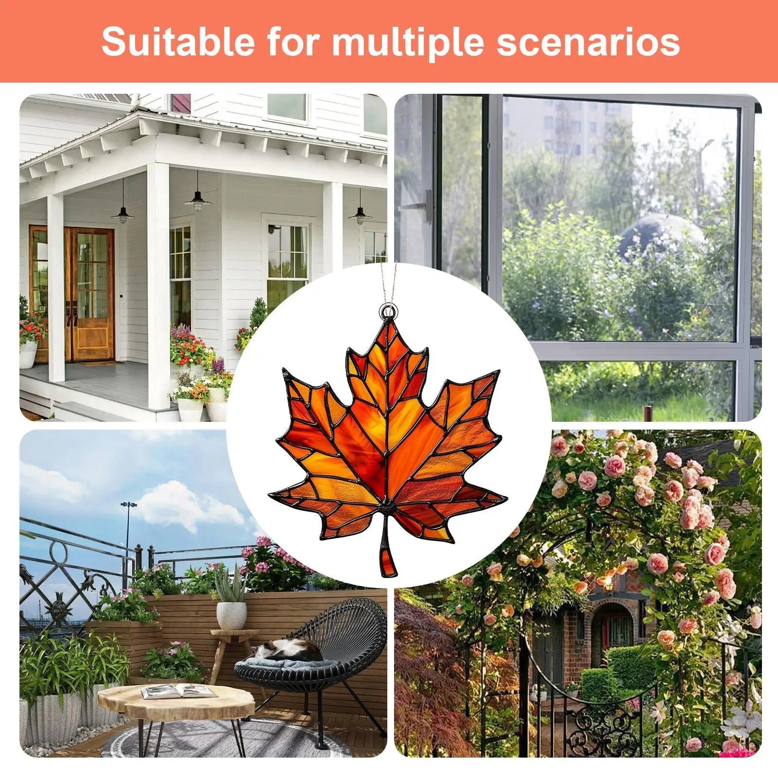 Decorative stained acrylic hanging with outdoor scenes including a house, garden, and patio.